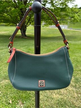 Dooney & Bourke Dark Green Kiley Hobo Pebbled Leather Shoulder Bag Brown/TanTrim
